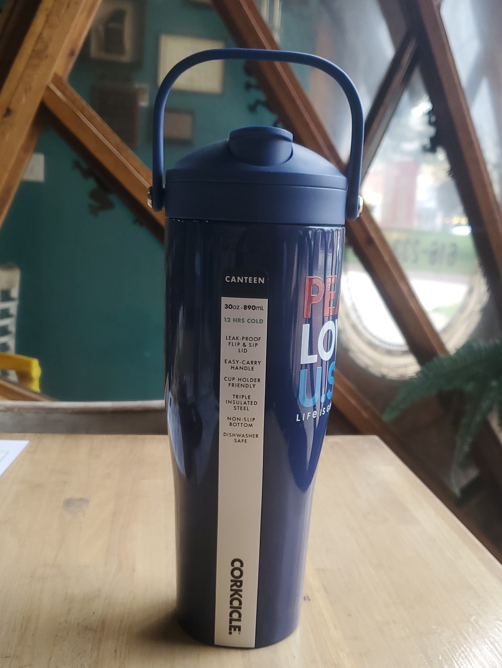 Corkcicle Navy Blue Canteen Tumbler with Handle and Graphic Accent